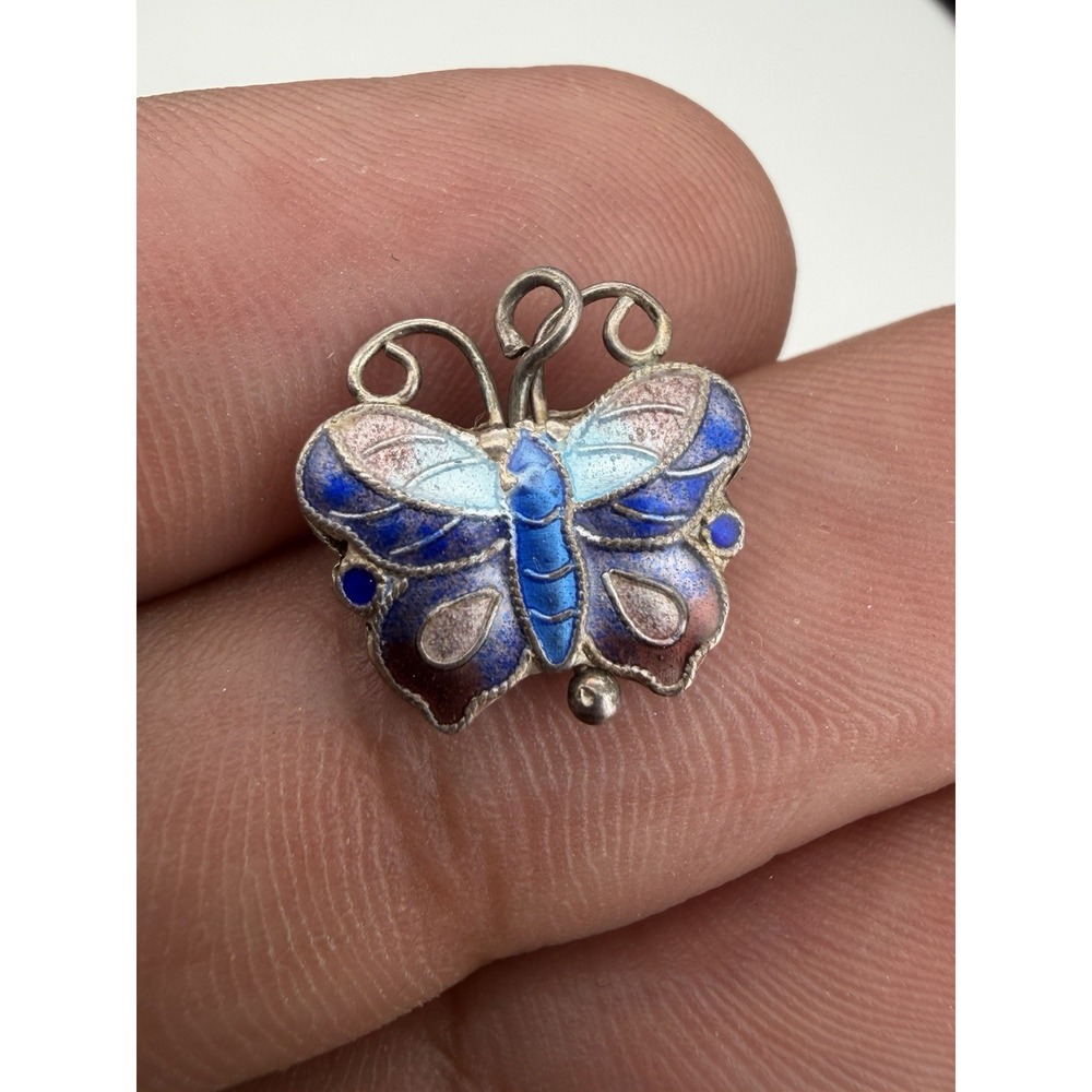 Vintage Multi Color Enamel Sterling Silver Butterfly Charm Pendant 925